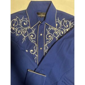 Western Express Mens Embroidered Western Shirt Blue Cowboy Rodeo Snap Button M
